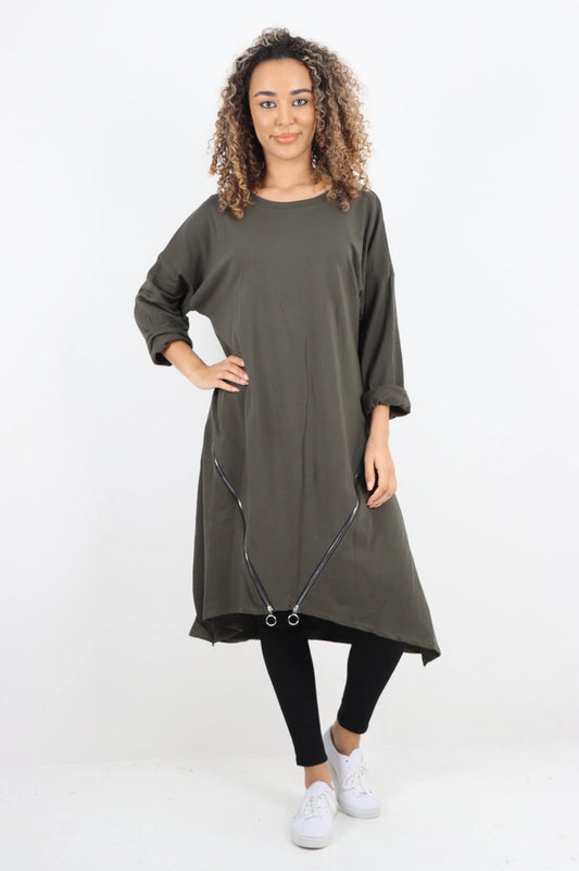 Italian Double Zip Detail Midi Dress Khaki