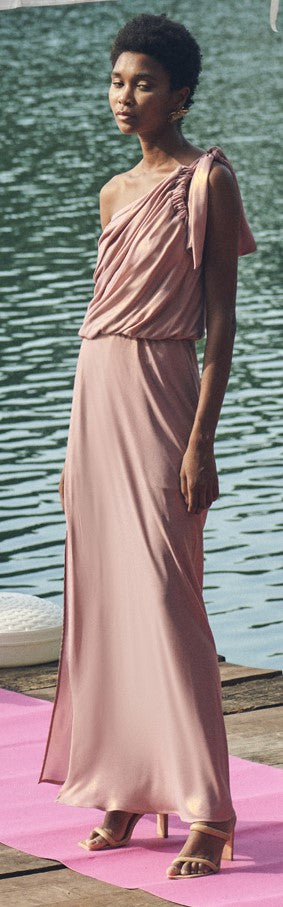 Pia B Italia One shoulder dusty pink maxi dress