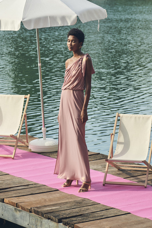 Pia B Italia One shoulder dusty pink maxi dress