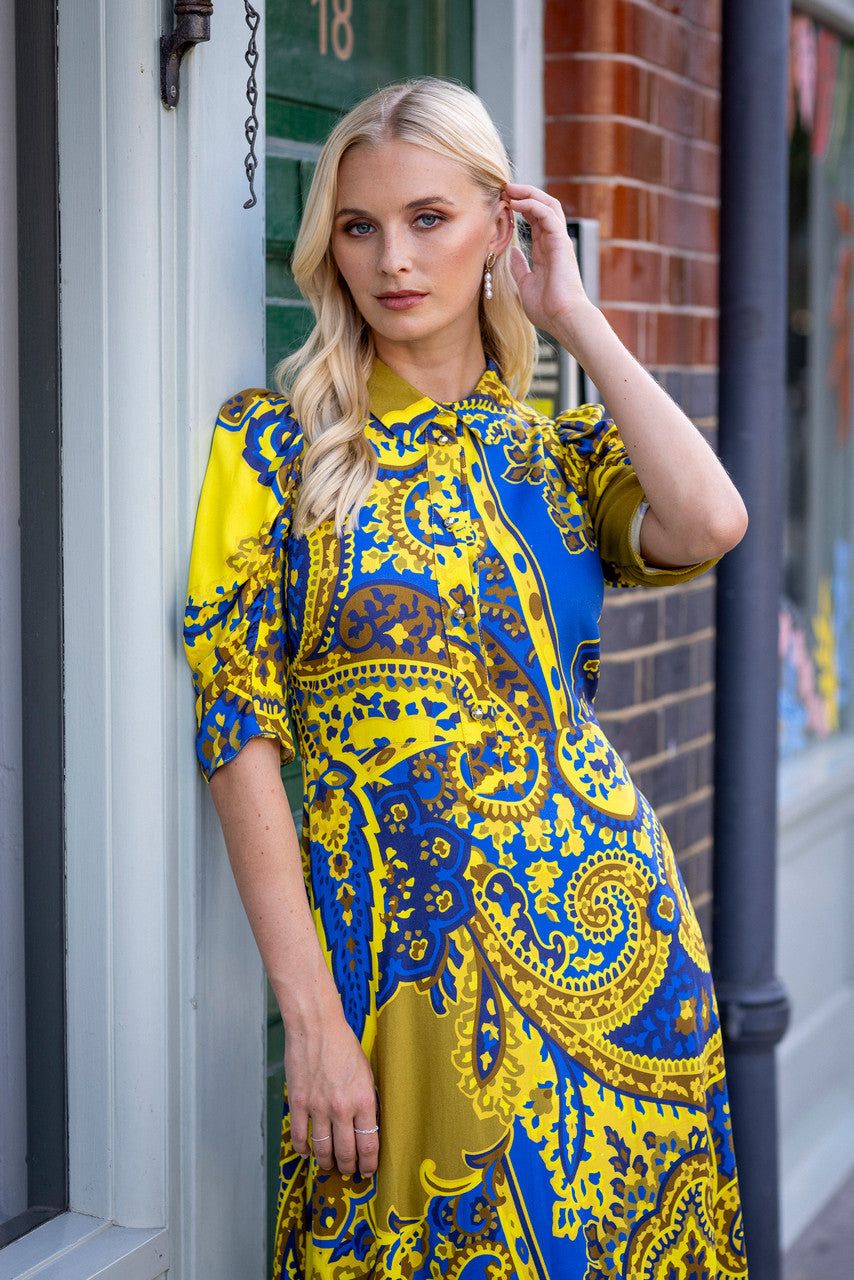 CLOSET LONDON ROYAL BLUE & YELLOW A-LINE SHIRT DRESS