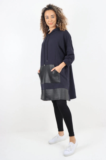 Italian PU Leather Pockets Hooded Tunic Top Navy