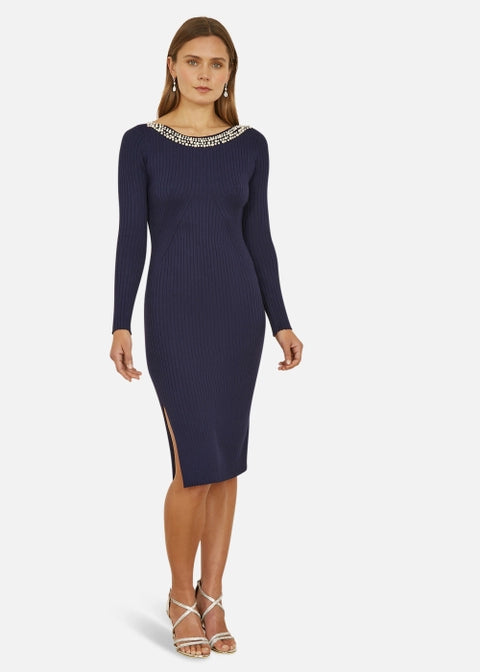 Yumi Pearl Neckline Fitted Midi Knitted Dress