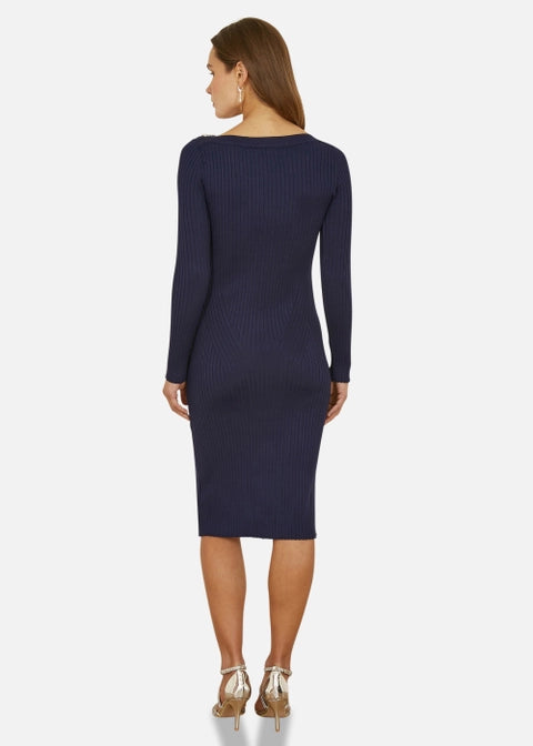 Yumi Pearl Neckline Fitted Midi Knitted Dress