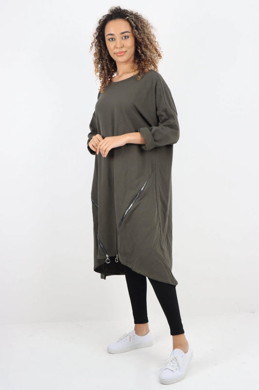 Italian Double Zip Detail Midi Dress Khaki