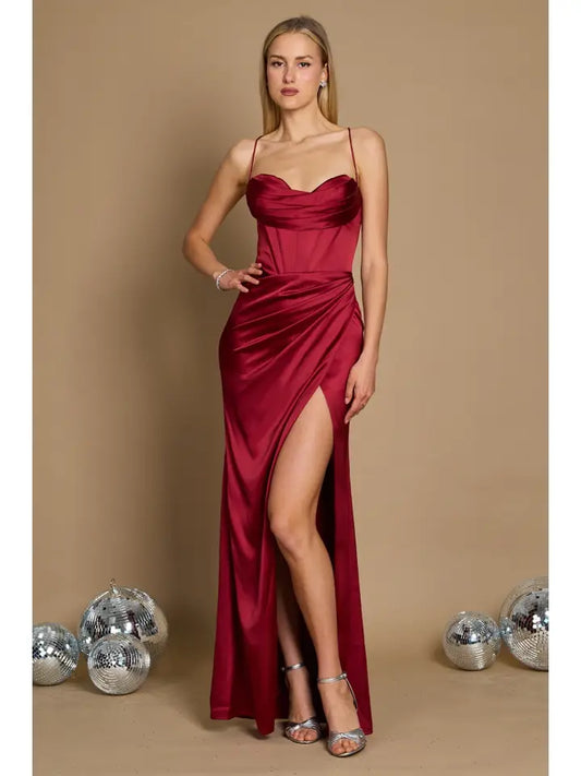 CANNOT BE PURCHASED ONLINE -INSTORE ONLY BURGANDY CORSET SLIT DEBS/TY DRESS ONLY AVAILABLE IN STORE