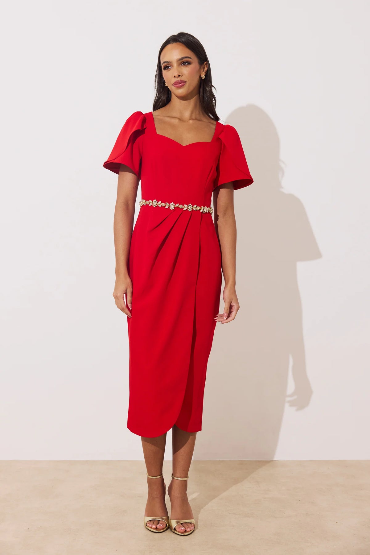 Solana Embellished waist tullip skirt mid- red