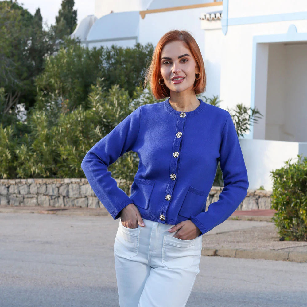 Blue cardigan with gold button details