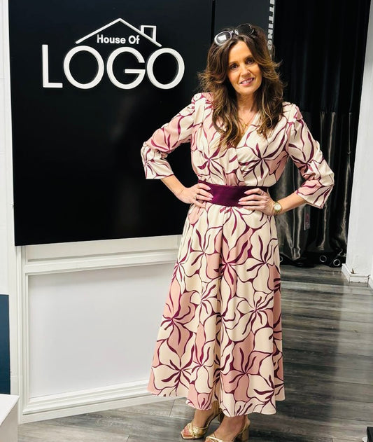 Cream dress with purple belt and detail