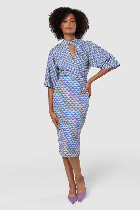 CLOSET LONDON PURPLE GEOMETRIC PRINT PENCIL MIDI DRESS