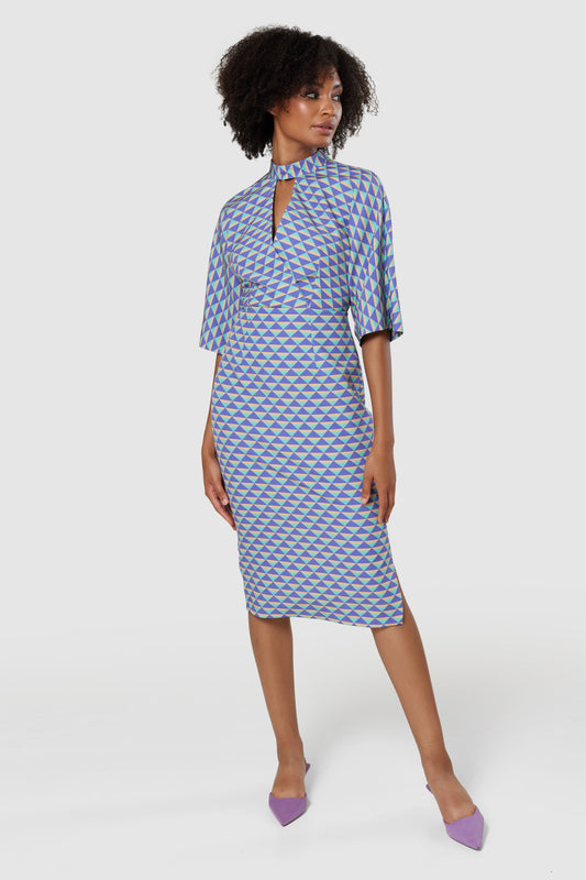 CLOSET LONDON PURPLE GEOMETRIC PRINT PENCIL MIDI DRESS