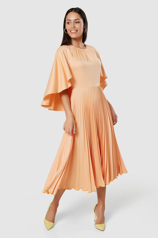CLOSET LONDON PEACH ORANGE PLEATED SKIRT CAPE MIDI DRESS