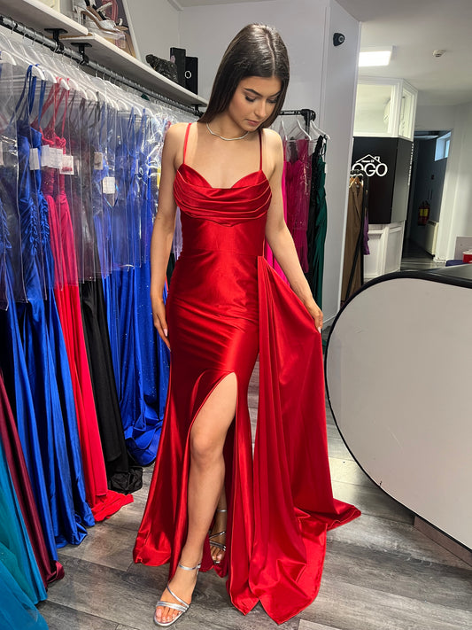 CANNOT BE PURCHASED ONLINE -INSTORE ONLY RED CORSET SLIT DEBS/ TY BALLGOWN DRESS