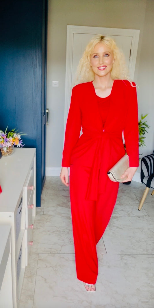 Red tie front suit