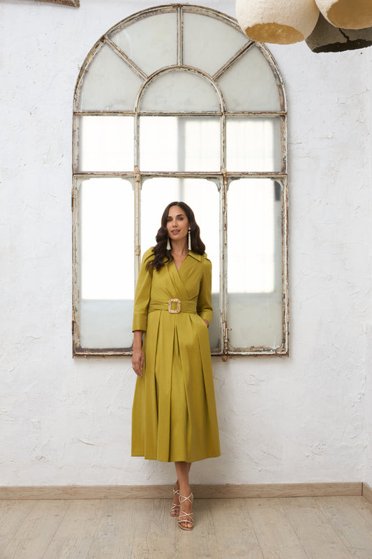Mustard dress wrapped belt dress