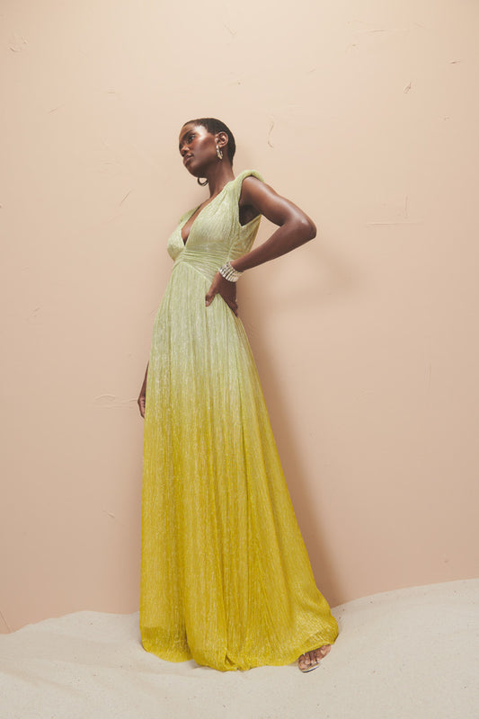 Pia B Metallic Green/Yellow Ombre Maxi Dress
