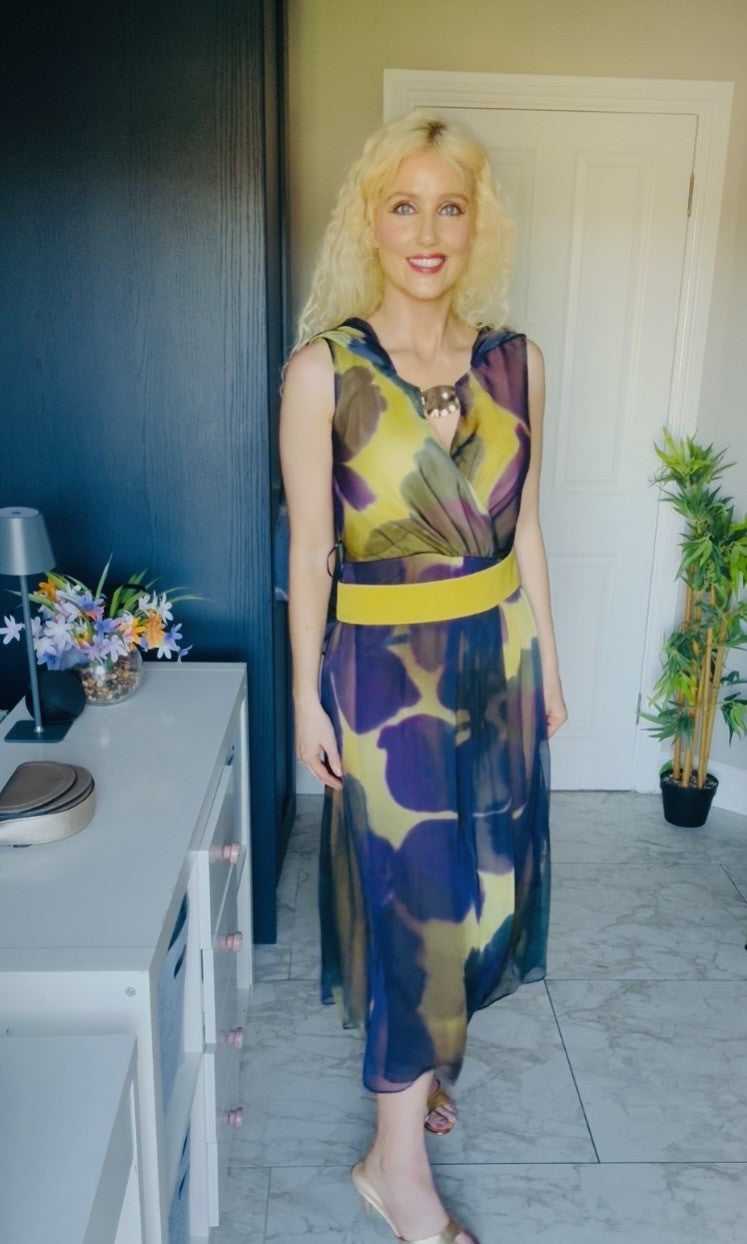 Purple and mustard dress with cape detail