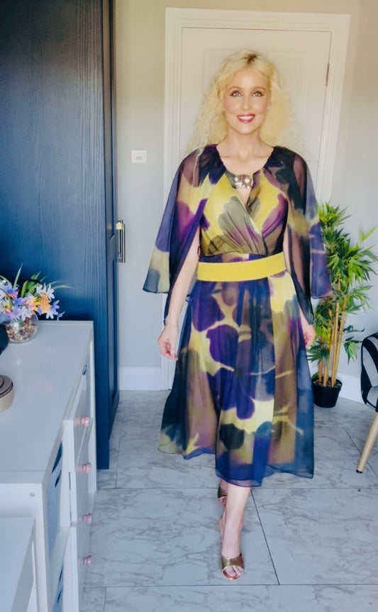 Purple and mustard dress with cape detail