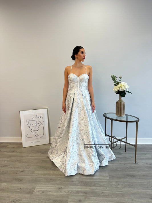 CANNOT BE PURCHASED ONLINE -INSTORE ONLY CHARLOTTE CORSET STRAP JAQUARD DETAIL DRESS SILVER, ONLY AVAILABLE IN STORE