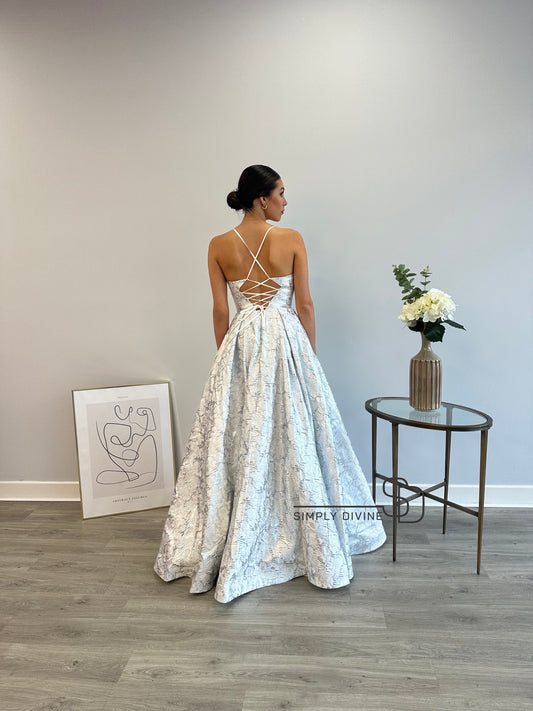 CANNOT BE PURCHASED ONLINE -INSTORE ONLY CHARLOTTE CORSET STRAP JAQUARD DETAIL DRESS SILVER, ONLY AVAILABLE IN STORE