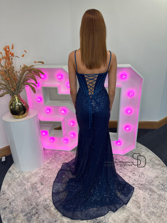 CANNOT BE PURCHASED ONLINE -INSTORE ONLY LUNA BODICE STRAP DRESS WITH SEQUENCE DETAIL DRESS NAVY, ONLY AVAILABLE IN STORE