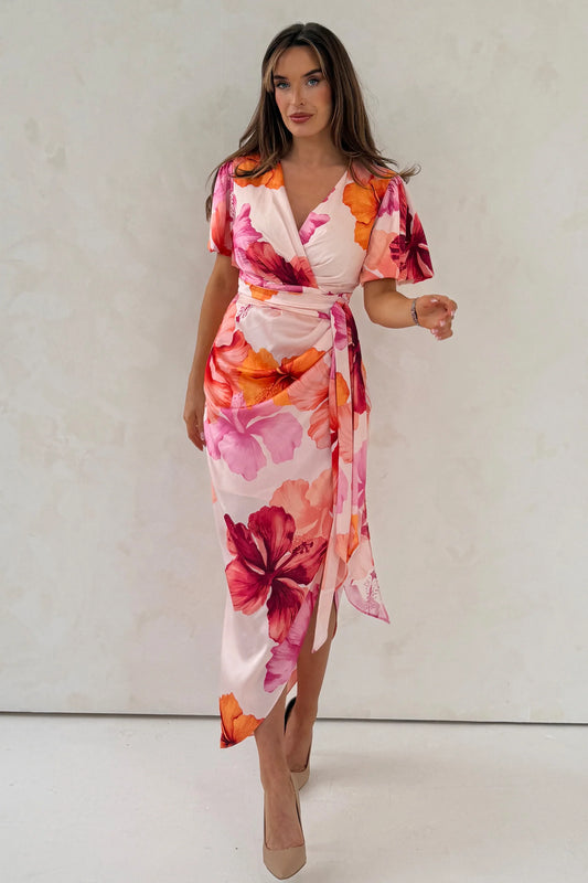 Drew puff sleeve wrap front midi
