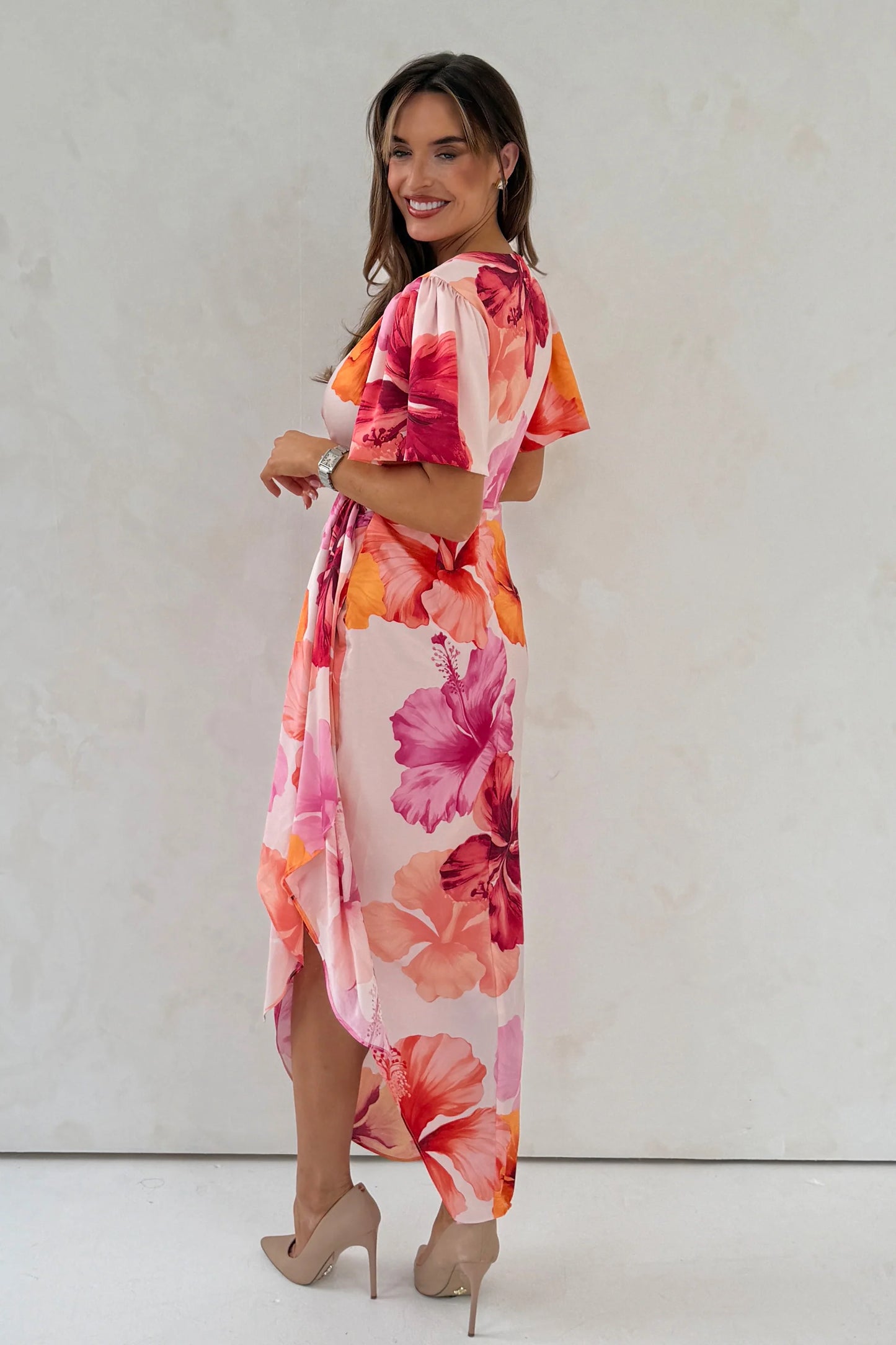 Drew puff sleeve wrap front midi