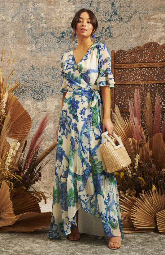Blue and white Maxi Wrap Dress With Contrast Lace And Tie Waist In Oversized Floral