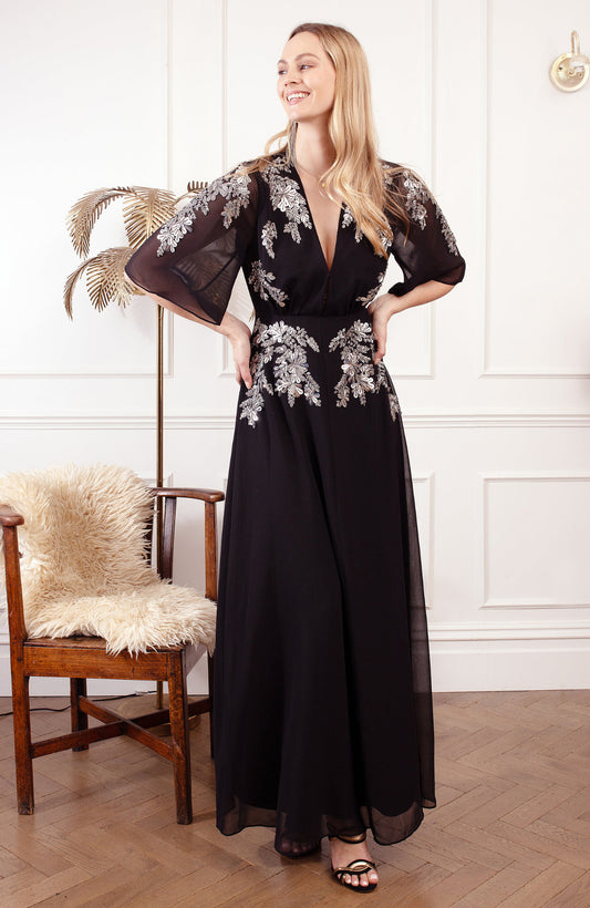 Hope and ivy Tabby embellished flutter sleeve maxi dress