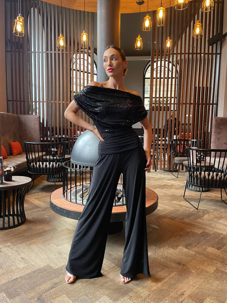 ATOM LABEL carbon jersey jumpsuit in black black sparkle