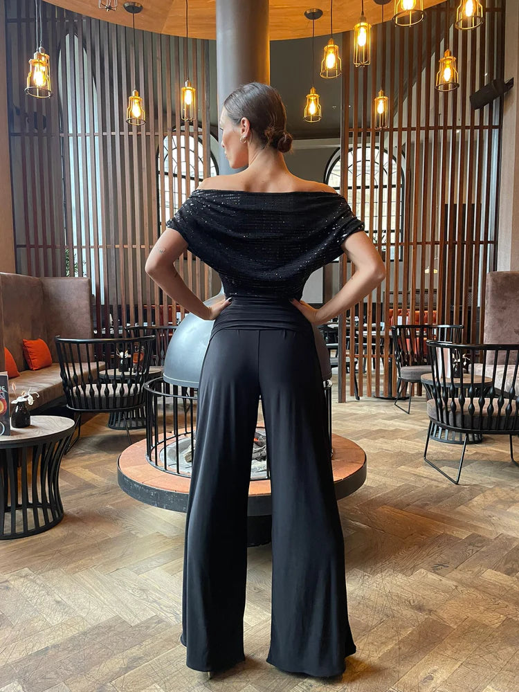 ATOM LABEL carbon jersey jumpsuit in black black sparkle