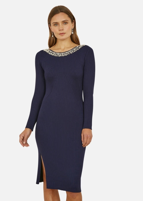Yumi Pearl Neckline Fitted Midi Knitted Dress