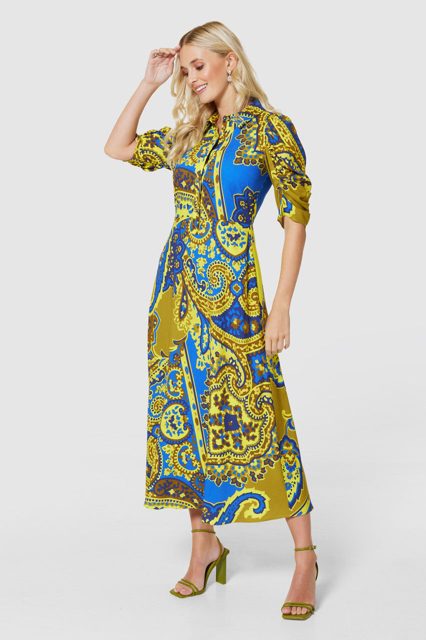 CLOSET LONDON ROYAL BLUE & YELLOW A-LINE SHIRT DRESS