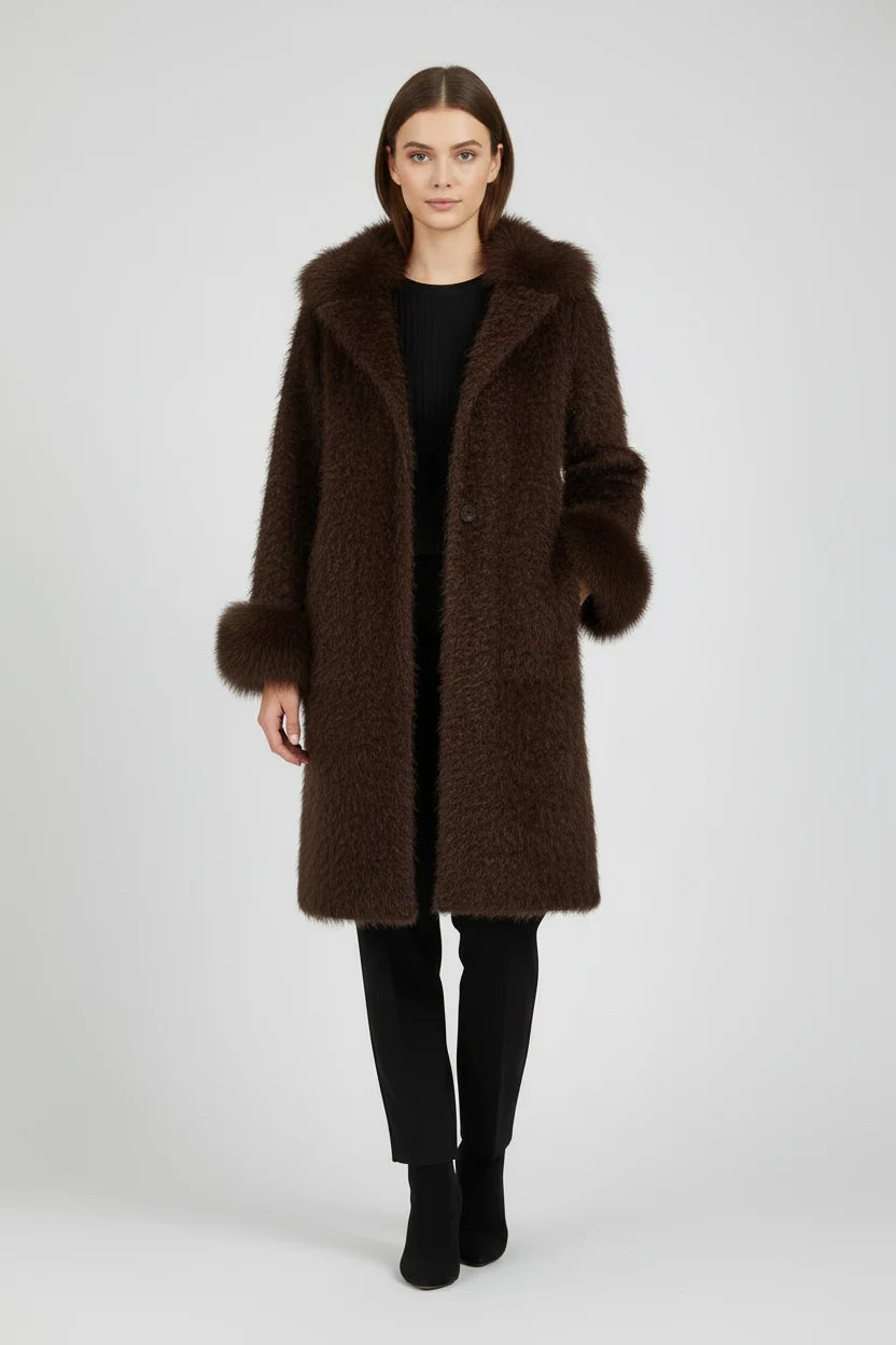 MXO chocolate Brown coat with fur cuffs and collar