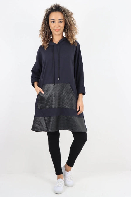 Italian PU Leather Pockets Hooded Tunic Top Navy