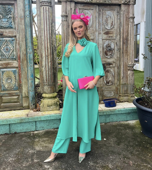 Green two piece trouser suit