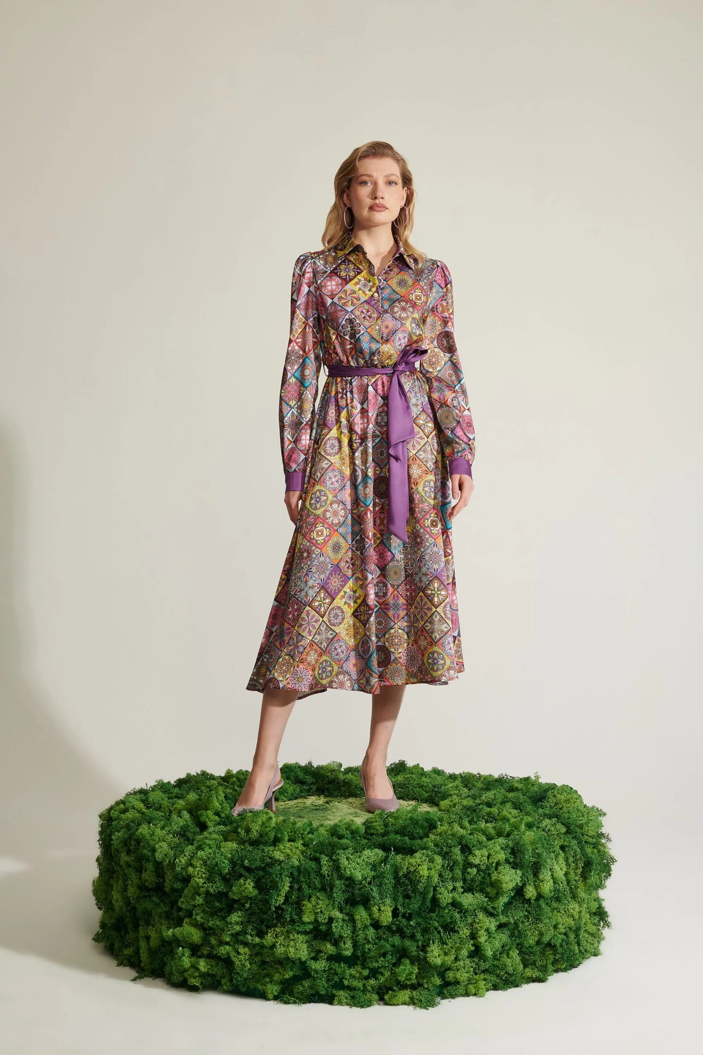Multi pattern wrap shirt dress