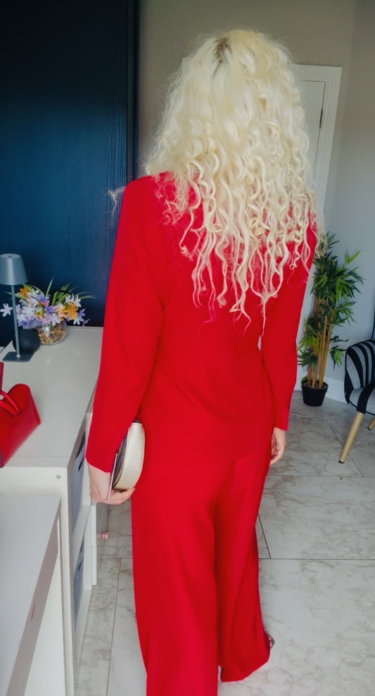 Red tie front suit