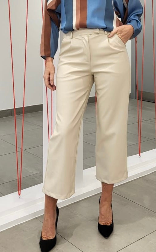 Cream PU wide leg trousers