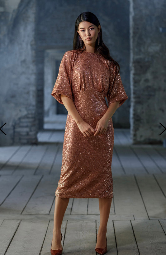 Rose gold sequin midi dress