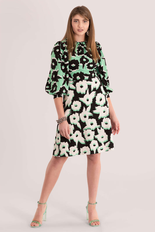 Green, black and white Closet London Puff Sleeve Dress