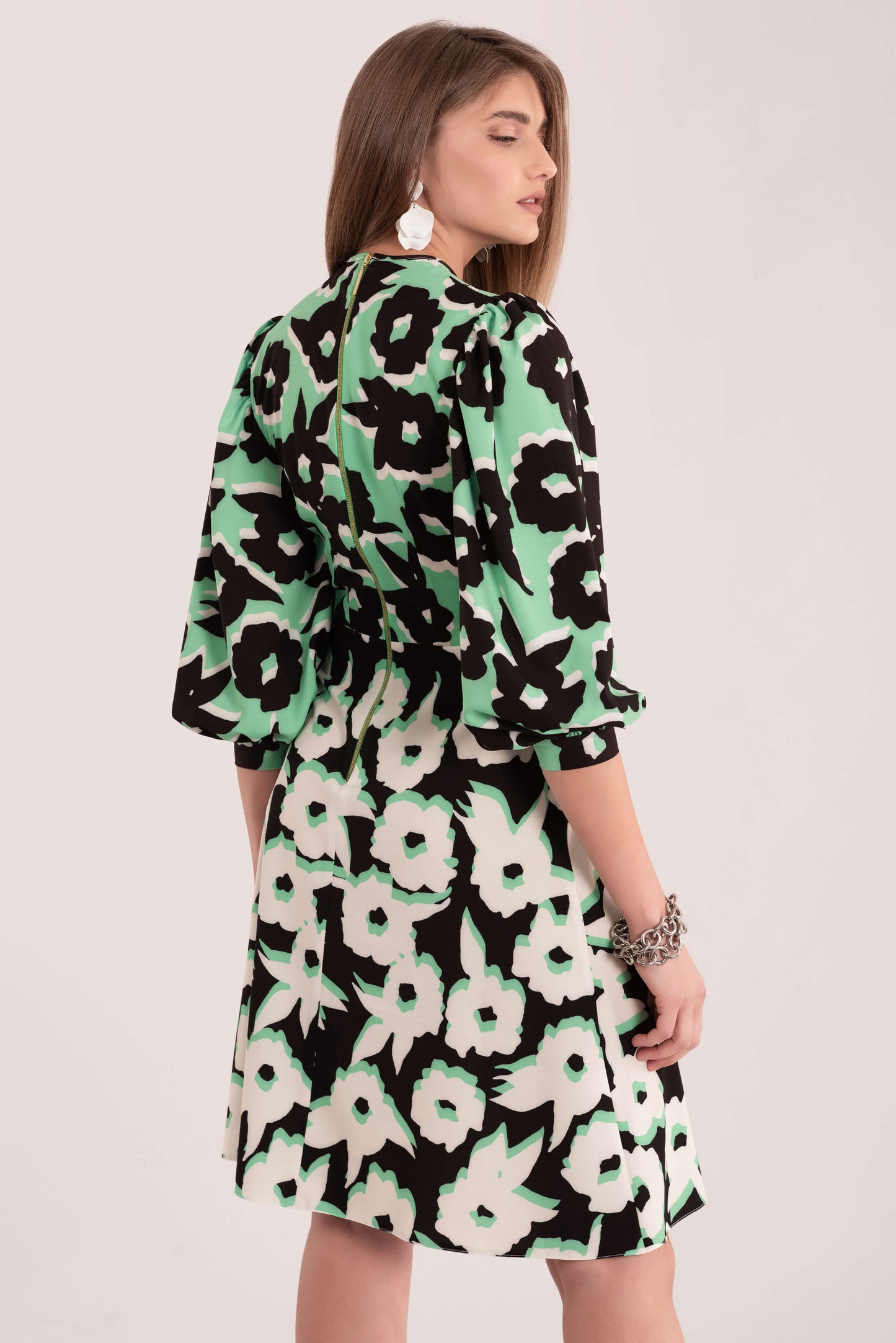 Green, black and white Closet London Puff Sleeve Dress