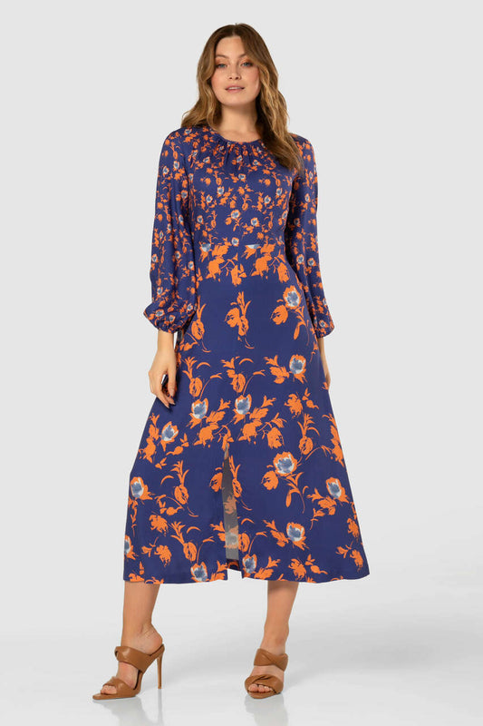 Closet London Blue Floral Print Gathered neck floral print dress