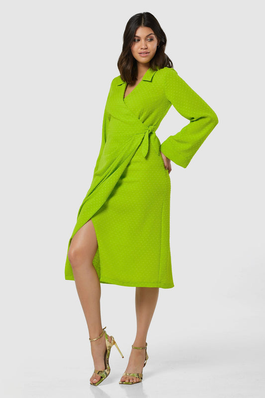 CLOSET LONDON LIME GREEN WRAP MIDI DRESS
