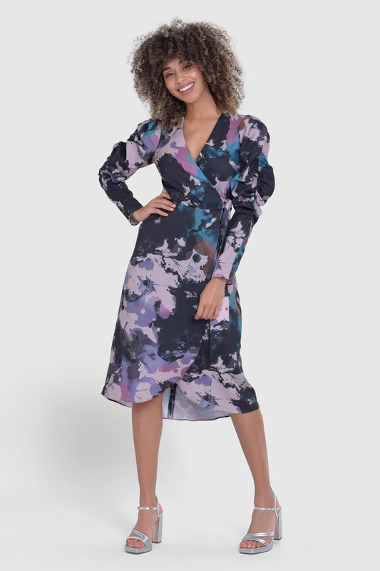 CLOSET LONDON MULTI PRINT PUFF SLEEVE WRAP MIDI DRESS