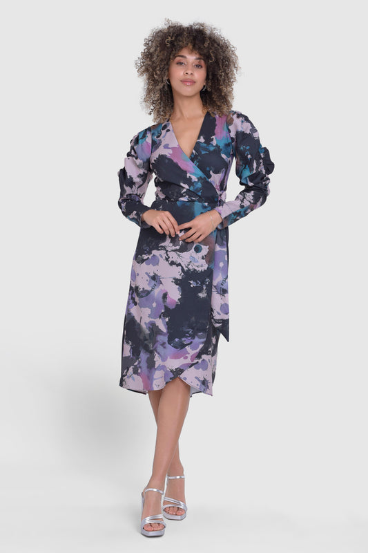 CLOSET LONDON MULTI PRINT PUFF SLEEVE WRAP MIDI DRESS