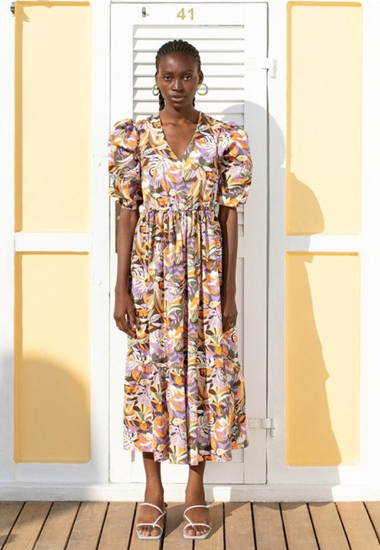 Multi color Midi V Neck Puff Sleeve Dress