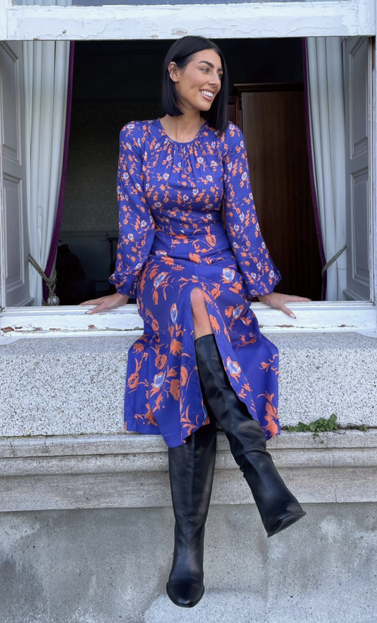 Closet London Blue Floral Print Gathered neck floral print dress