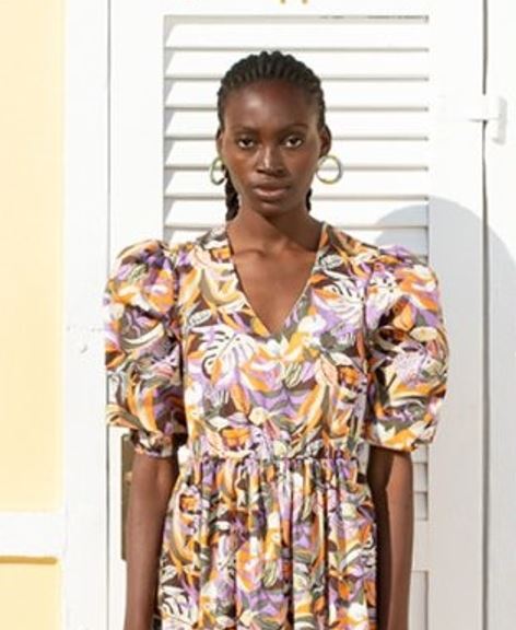 Multi color Midi V Neck Puff Sleeve Dress