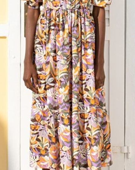 Multi color Midi V Neck Puff Sleeve Dress
