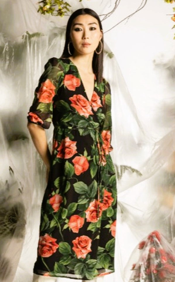 Le Sarte Del Sole Rose Print Wrap Dress